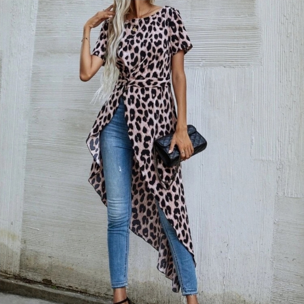 Boho leopard print high low blouse